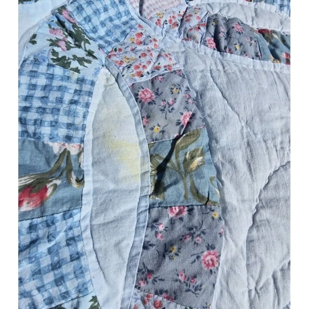 Handmade vintage double wedding ring quilt blue floral gingham Heirloom Cottage